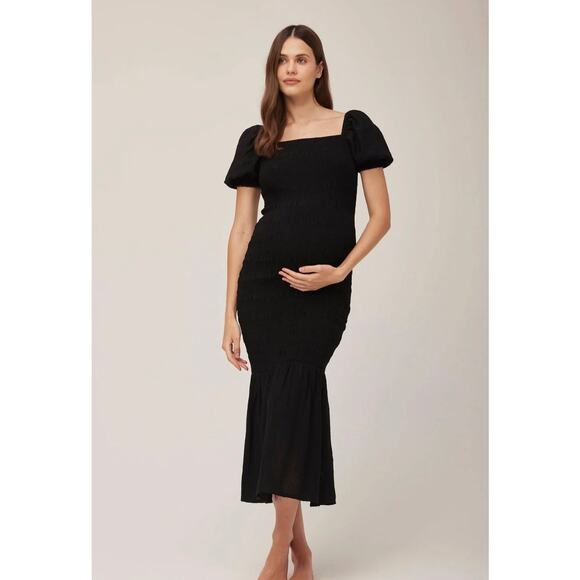 Bumpsuit Shirred Puff Sleeve Smocked Gauze Black Midi Dress Maternity Medium - Picture 1 of 10